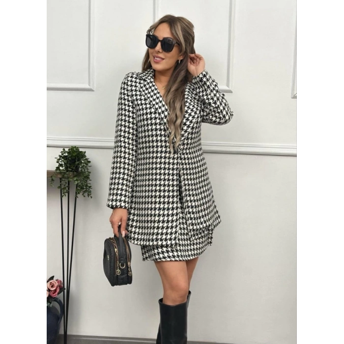 Kadın Kazayağı Desen Vatka Detay Kaban Ve Yüksek Bel Etek Ikili Takım