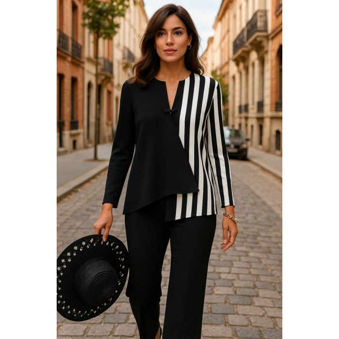 Kadın Keten Kumaş çizgi Desenli Uzun Kollu Bluz