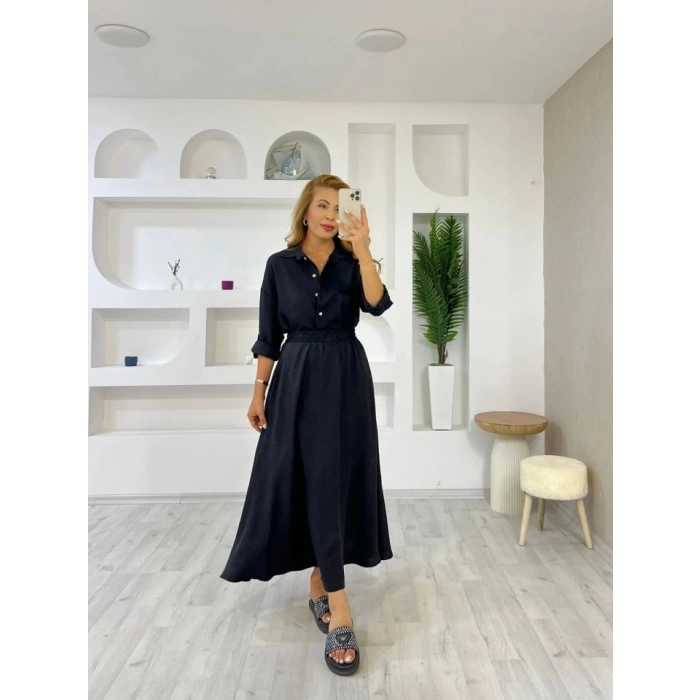 Kadın Keten Kumaş Gömlek Ve Etek Ikili Takim