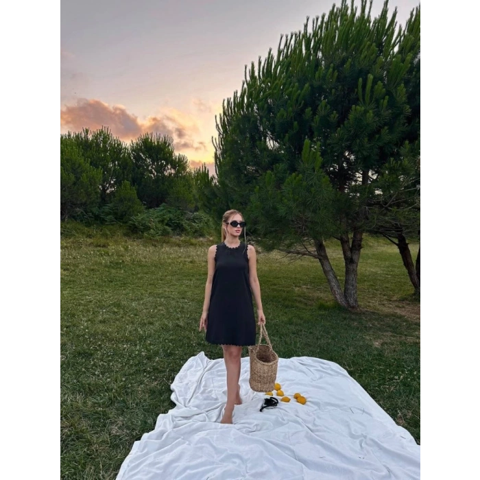 Kadın Keten Kumaş Kolsuz Mini Boy Elbise