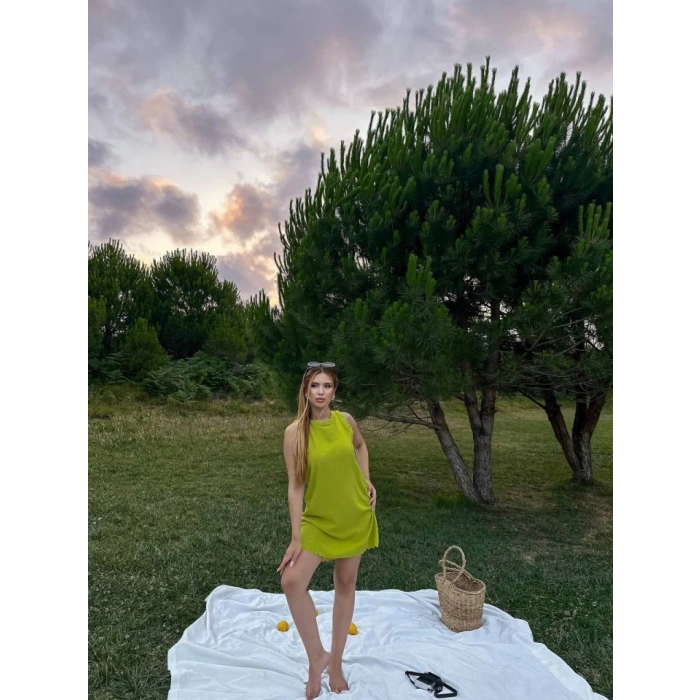 Kadın Keten Kumaş Kolsuz Mini Boy Elbise