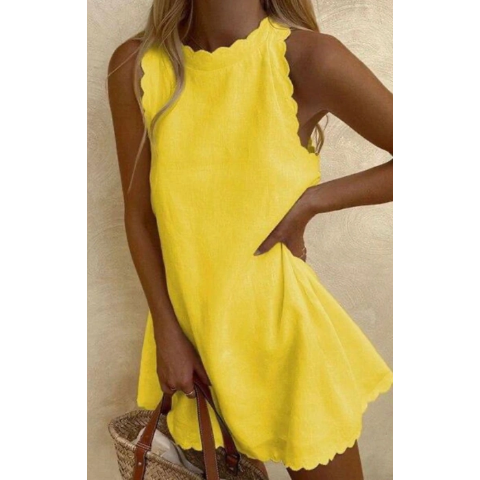 Kadın Keten Kumaş Sıfır Kol Mini Boy Elbise