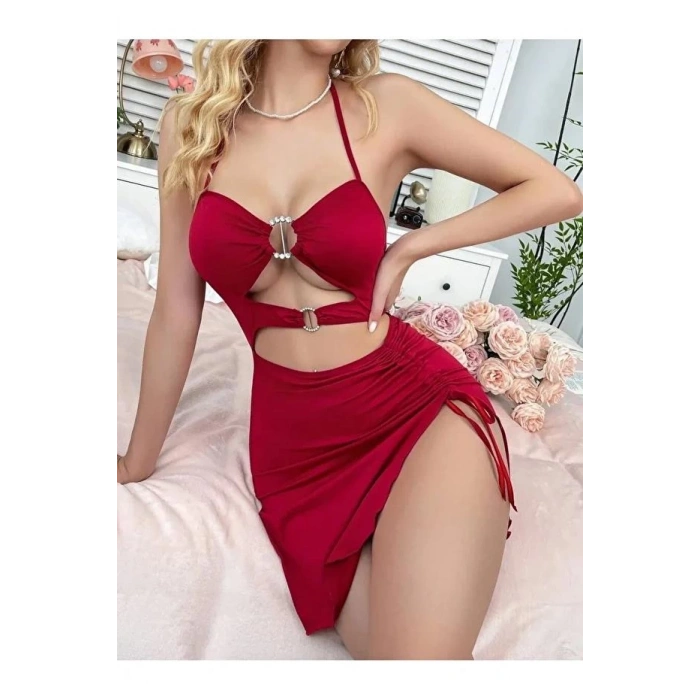 Kadın Kırmızı Fantezi Elbise Önden Büzgü Dekolteli 5082