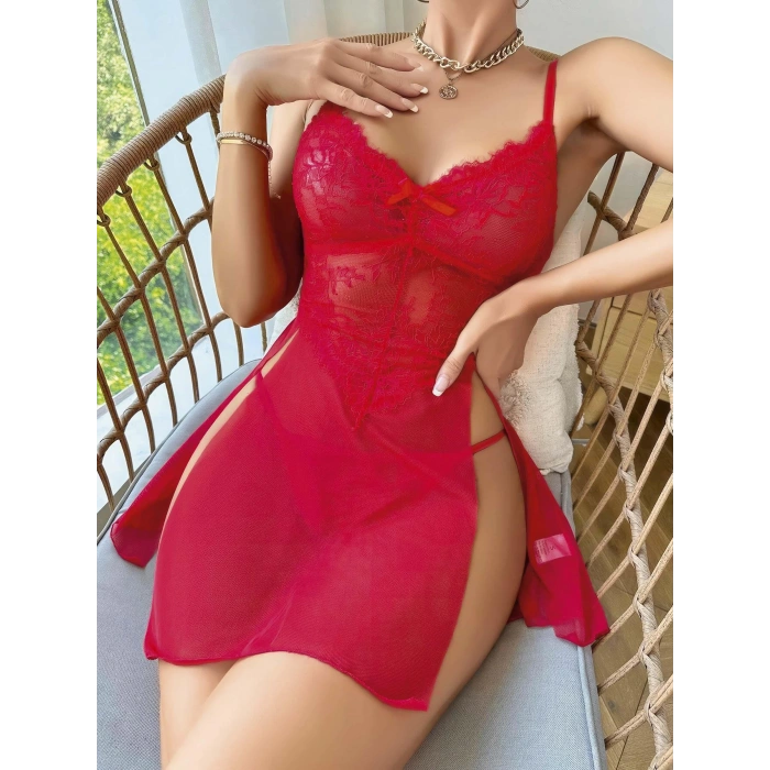 Kadın Kırmızı Fantezi Gecelik Tül Fiyonk detaylı Yanları Dekolteli 2160