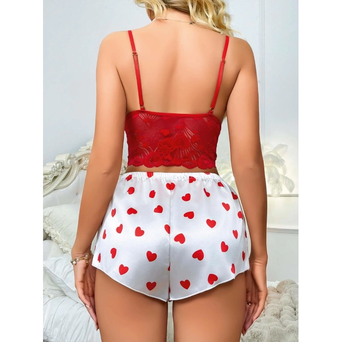 Kadın Kırmızı Kalp Desenli Şort Askılı Dantel Üst Pijama Takımı 2218