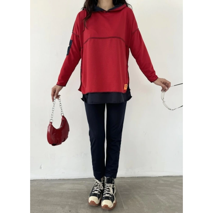 Kadın Kırmızı Kapşonlu Etek Ucu Detay Arma Ters Dikiş Gorunumlu Ikili Takım