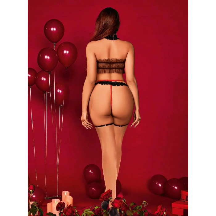 Kadın Kırmızı siyah dantel Detaylı Fantezi Kostüm 2063