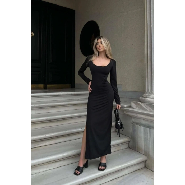 Kadın Kırmızı Yarım Balıkçı Tek Taraf Yırtmaçlı Uzun Kol Elbise