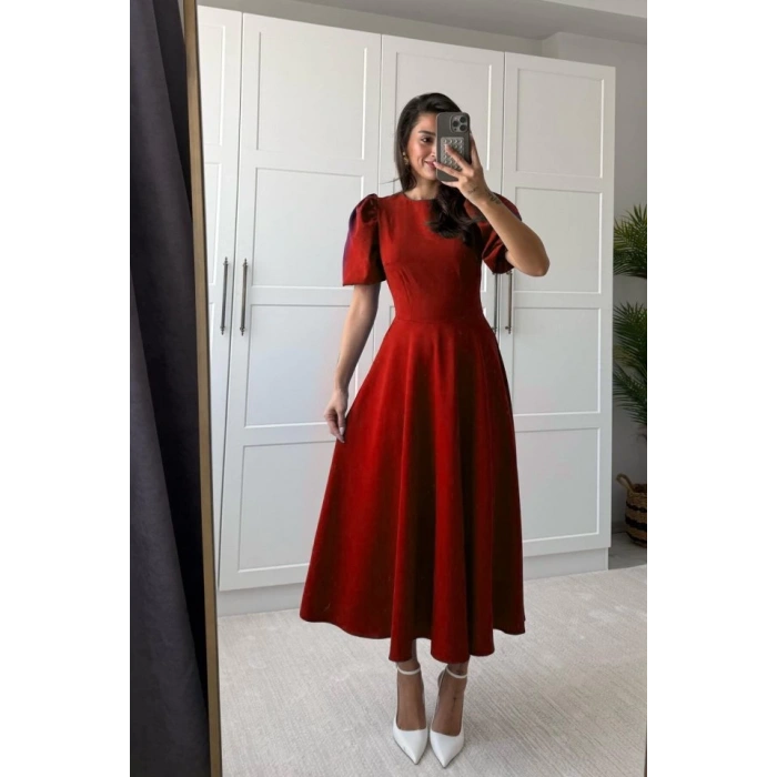 Kadın Kısa Balon Kollu Bisiklet Yaka Geniş Kesim Janjan Krep Elbise