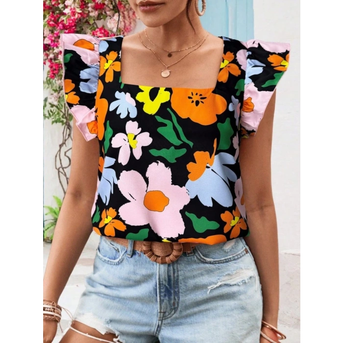 Kadın Kısa Fırfır Kollu Kare Yaka çiçek Desenli Ithal Keten Bluz