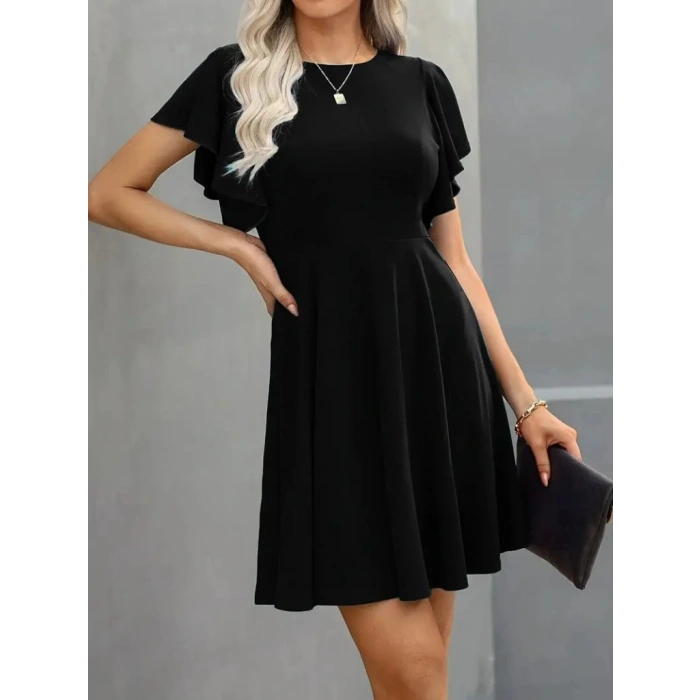 Kadın Kısa Kelebek Kollu Bisiklet Yaka Janjan Krep Elbise
