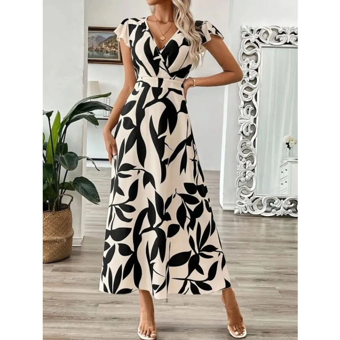 Kadın Kısa Kelebek Kollu Kruvaze Yaka Desenli Süprem Elbise