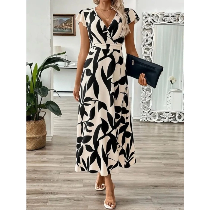 Kadın Kısa Kelebek Kollu Kruvaze Yaka Desenli Süprem Elbise