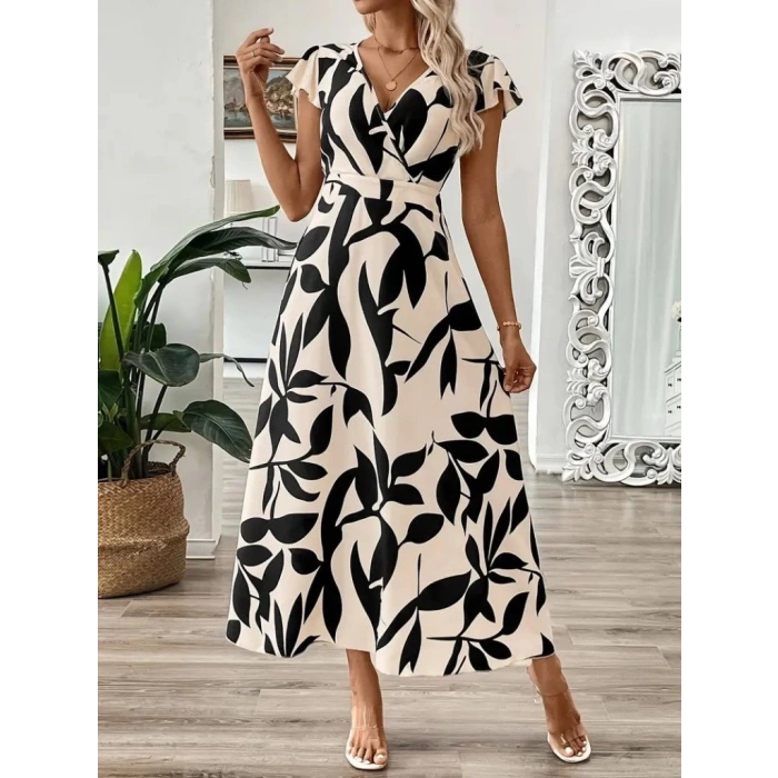 Kadın Kısa Kelebek Kollu Kruvaze Yaka Desenli Süprem Elbise