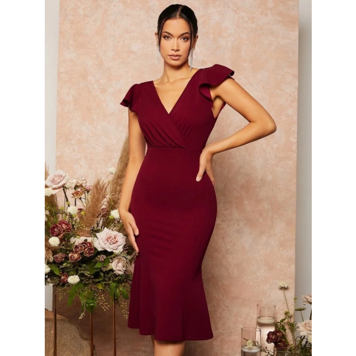 Kadın Kısa Kelebek Kollu Kruvaze Yaka Ithal Krep Midi Elbise