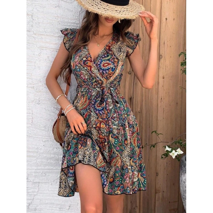 Kadın Kısa Kelebek Kollu Kruvaze Yakalı Süprem Elbise