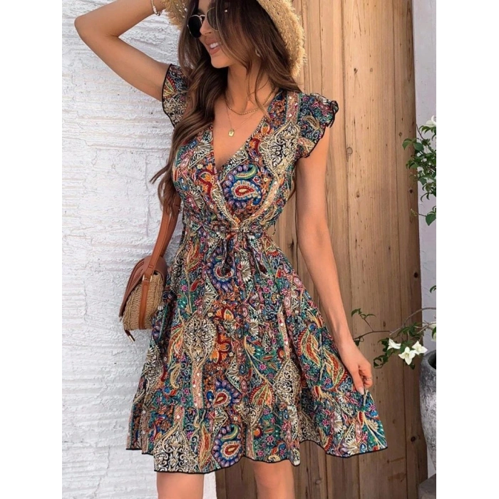 Kadın Kısa Kelebek Kollu Kruvaze Yakalı Süprem Elbise