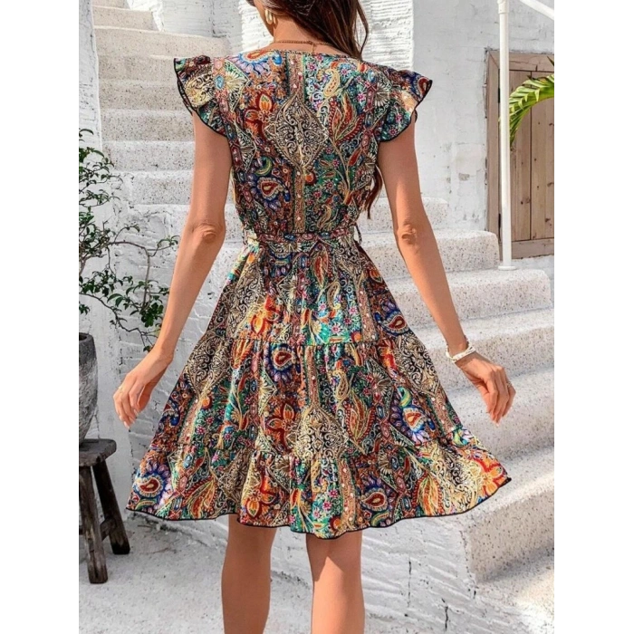 Kadın Kısa Kelebek Kollu Kruvaze Yakalı Süprem Elbise