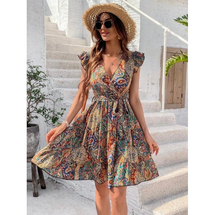 Kadın Kısa Kelebek Kollu Kruvaze Yakalı Süprem Elbise