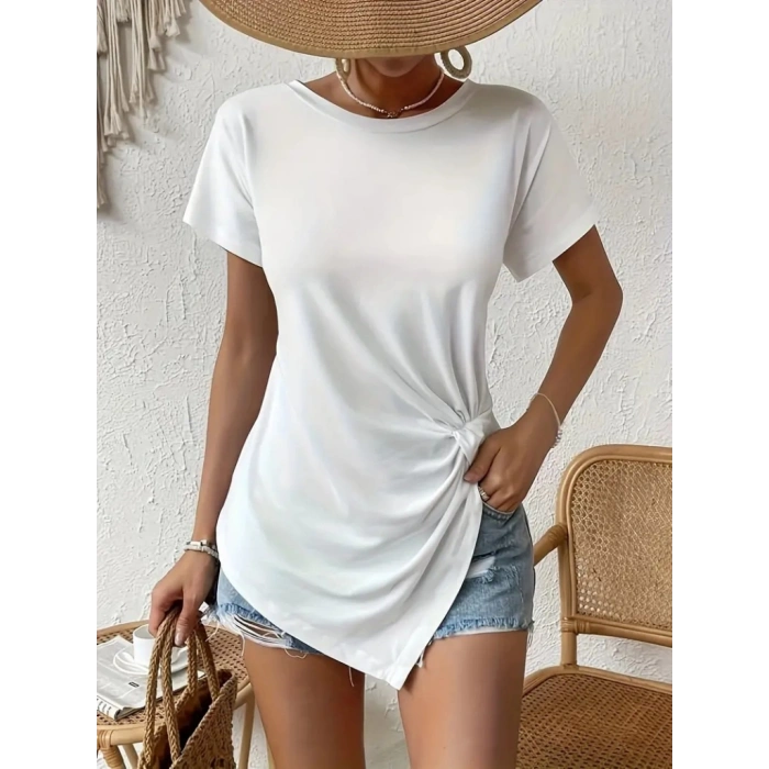 Kadın Kısa Kollu Asimetrik Kesim Beli Büzgü Düğüm Detay Viskon Bluz