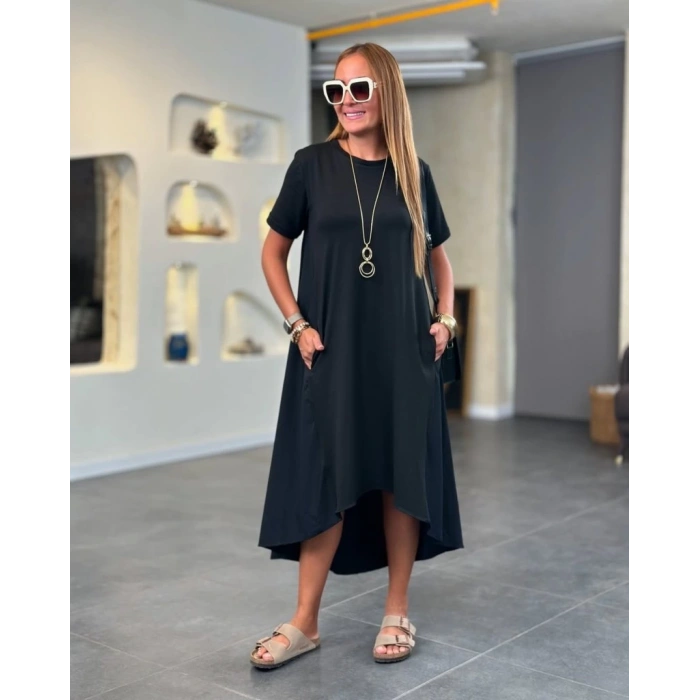 Kadın Kısa Kollu Bisiklet Yaka Asimetrik Kesim ön Viskon Arkası Trikoton Elbise