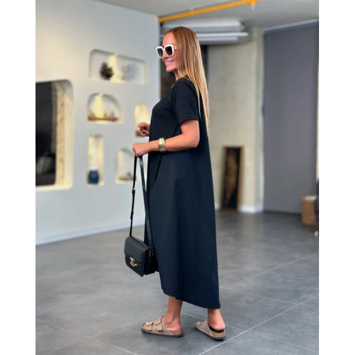 Kadın Kısa Kollu Bisiklet Yaka Asimetrik Kesim ön Viskon Arkası Trikoton Elbise