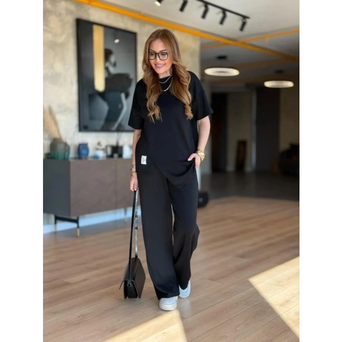 Kadın Kısa Kollu Bisiklet Yaka Asimetrik Viskon Iki Iplik Bluz Ve Pantolon Ikili Takım