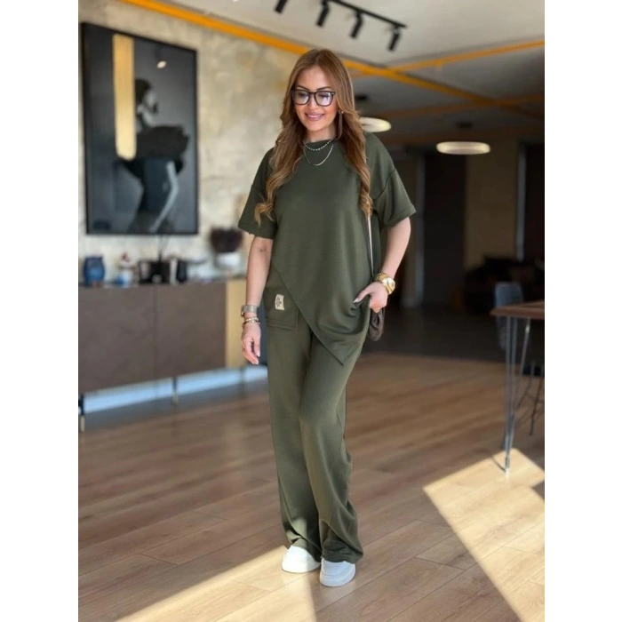 Kadın Kısa Kollu Bisiklet Yaka Asimetrik Viskon Iki Iplik Bluz Ve Pantolon Ikili Takım