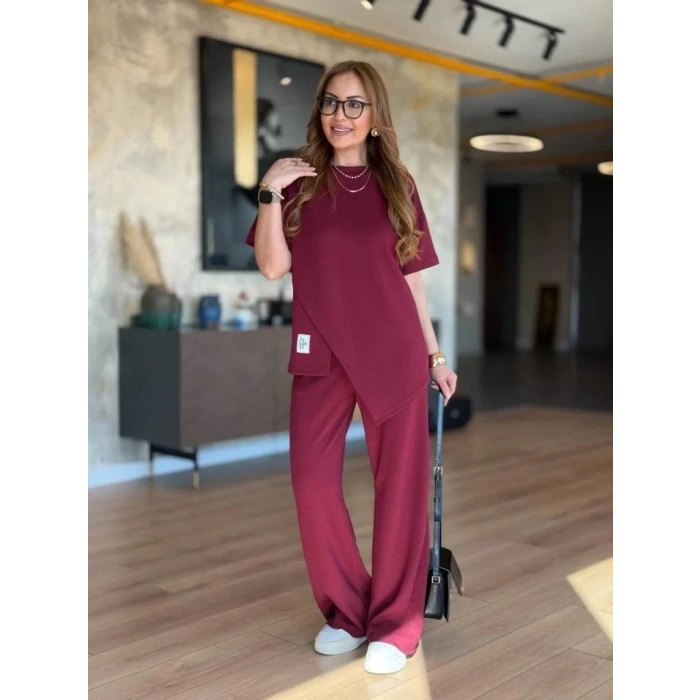 Kadın Kısa Kollu Bisiklet Yaka Asimetrik Viskon Iki Iplik Bluz Ve Pantolon Ikili Takım