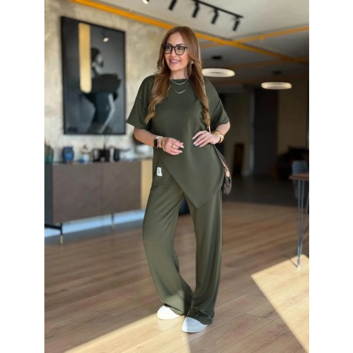 Kadın Kısa Kollu Bisiklet Yaka Asimetrik Viskon Iki Iplik Bluz Ve Pantolon Ikili Takım