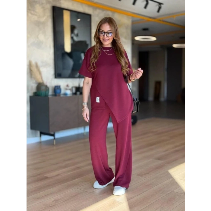 Kadın Kısa Kollu Bisiklet Yaka Asimetrik Viskon Iki Iplik Bluz Ve Pantolon Ikili Takım