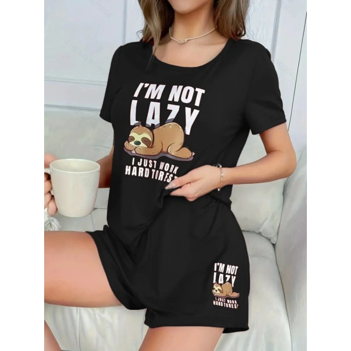 Kadın Kısa Kollu Bisiklet Yaka Baskılı Viskon Bluz Ve şort Ikili Takım