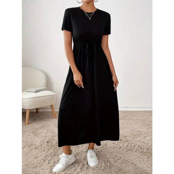 Kadın Kısa Kollu Bisiklet Yaka Belden Bağcıklı Cepli Viskon Elbise