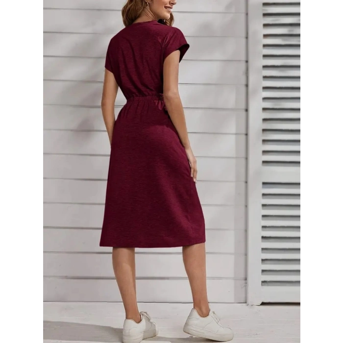 Kadın Kısa Kollu Bisiklet Yaka Belden Lastikli Midi Viskon Elbise