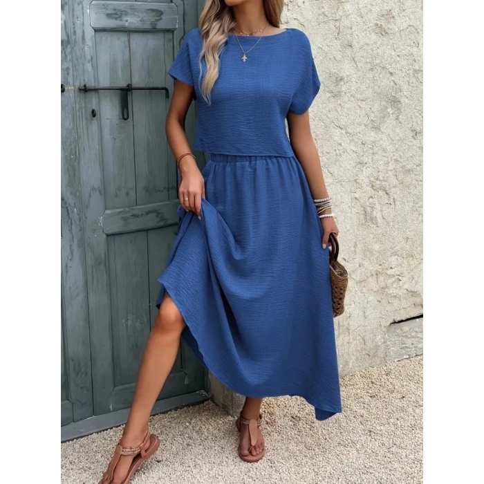 Kadın Kısa Kollu Bisiklet Yaka Bluz Etekli Ithal Keten Ikili Takım