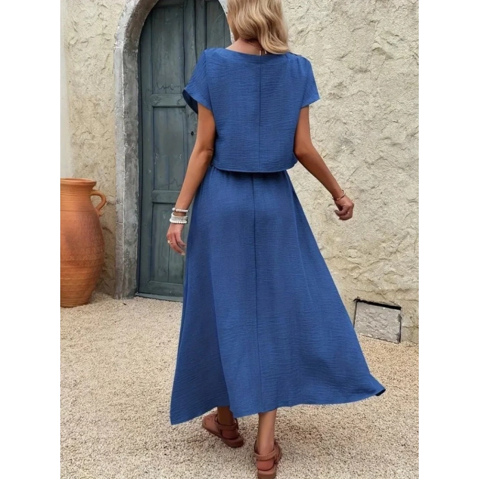 Kadın Kısa Kollu Bisiklet Yaka Bluz Etekli Ithal Keten Ikili Takım