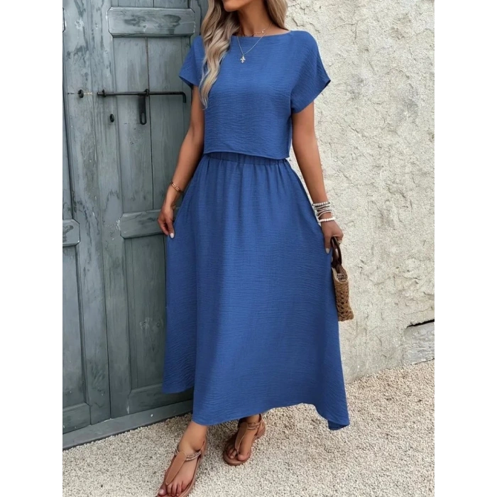 Kadın Kısa Kollu Bisiklet Yaka Bluz Etekli Ithal Keten Ikili Takım