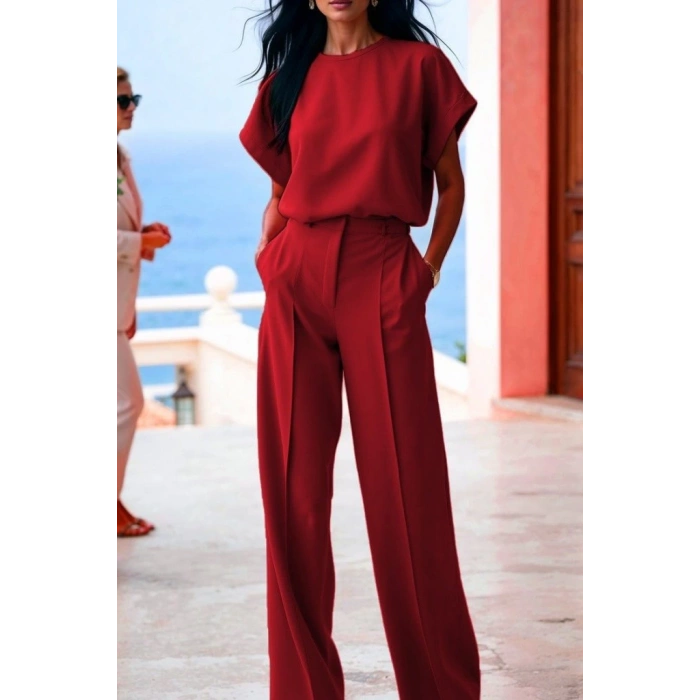 Kadın Kısa Kollu Bisiklet Yaka Bluz Yüksek Bel Cep Detaylı Pantolon Atlas Ikili Takım