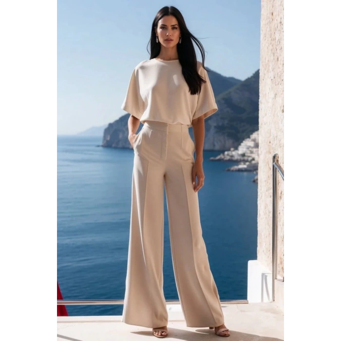 Kadın Kısa Kollu Bisiklet Yaka Bluz Yüksek Bel Cep Detaylı Pantolon Atlas Ikili Takım