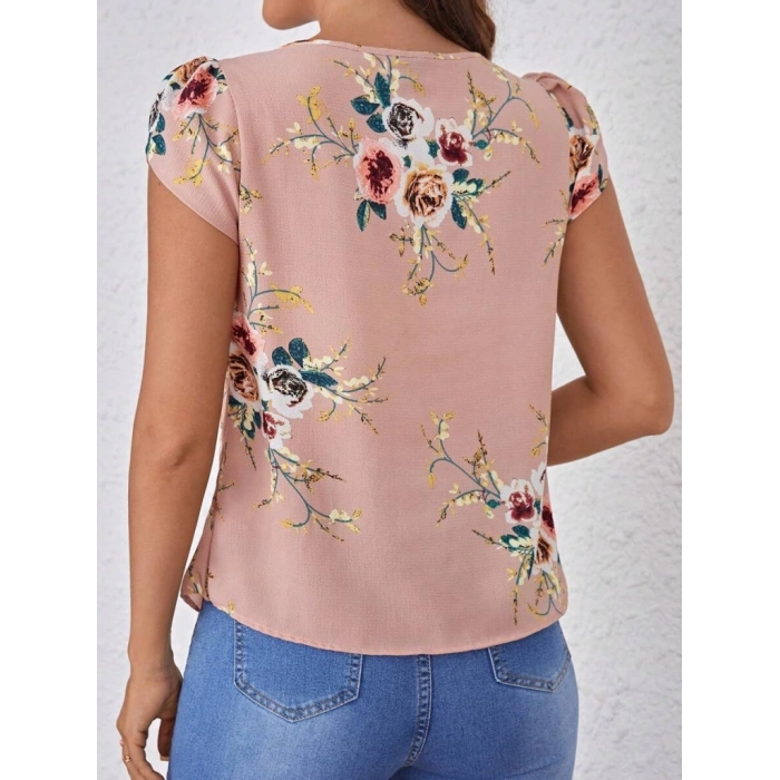Kadın Kısa Kollu Bisiklet Yaka çiçek Baskılı Süprem Bluz