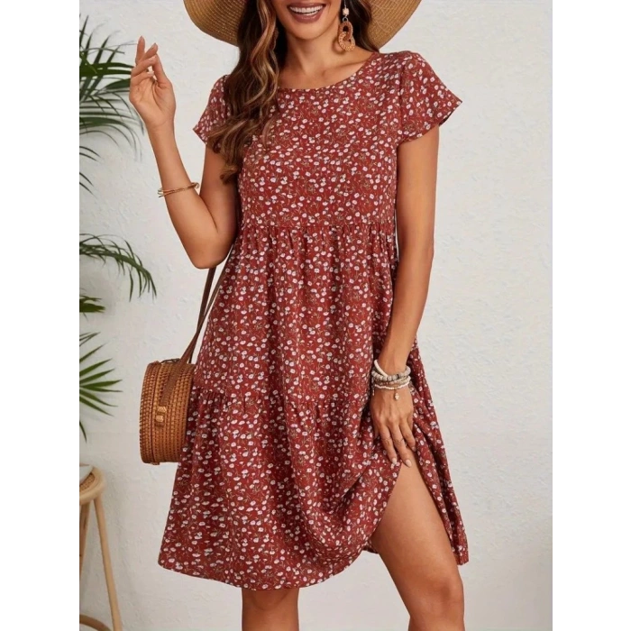 Kadın Kısa Kollu Bisiklet Yaka çiçek Desenli Süprem Elbise