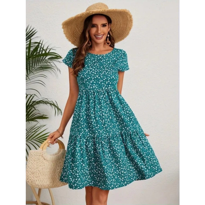 Kadın Kısa Kollu Bisiklet Yaka çiçek Desenli Süprem Elbise