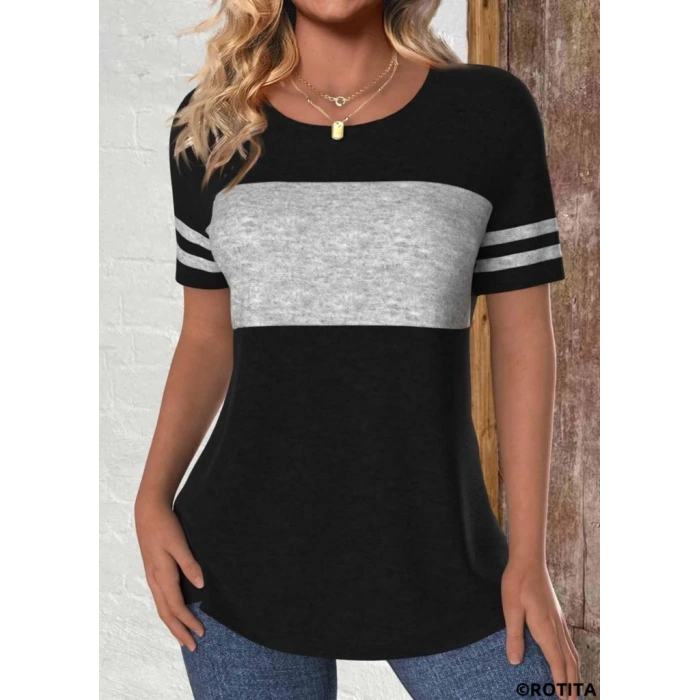 Kadın Kısa Kollu Bisiklet Yaka çift Renkli Viskon Bluz