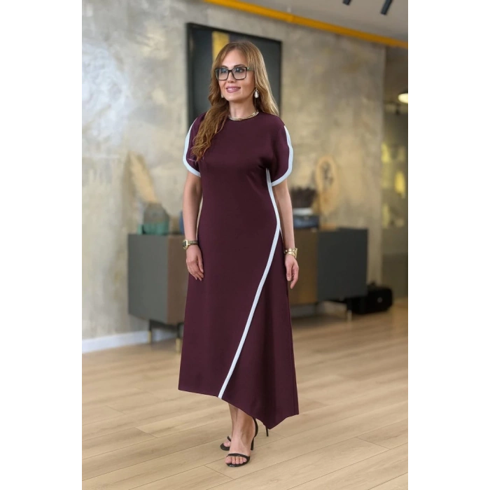 Kadın Kısa Kollu Bisiklet Yaka çift şerit Renk Detaylı Asimetrik Kesim Viskon Iki Iplik Elbise