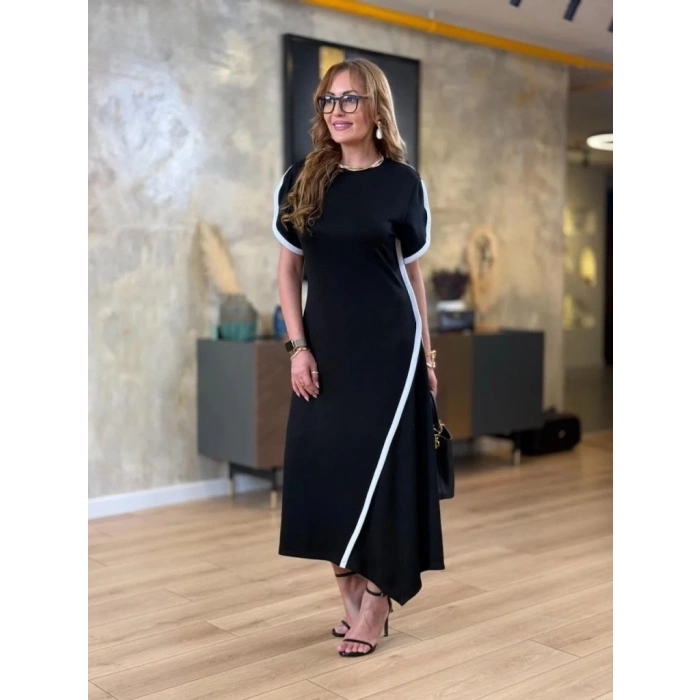 Kadın Kısa Kollu Bisiklet Yaka çift şerit Renk Detaylı Asimetrik Kesim Viskon Iki Iplik Elbise