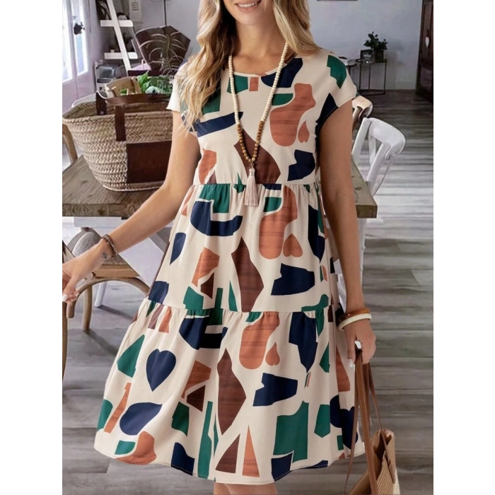 Kadın Kısa Kollu Bisiklet Yaka Desenli Fırfırlı Süprem Elbise