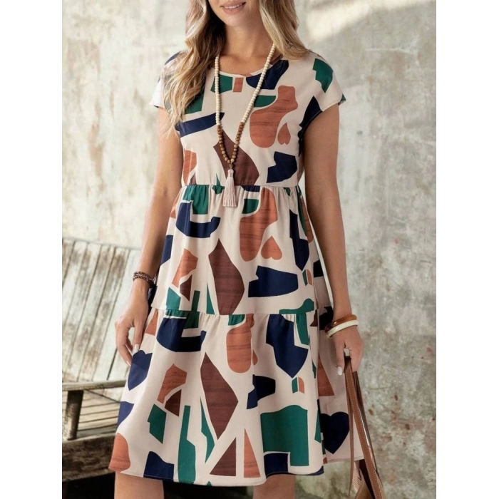 Kadın Kısa Kollu Bisiklet Yaka Desenli Fırfırlı Süprem Elbise