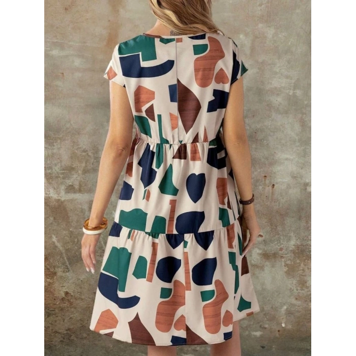 Kadın Kısa Kollu Bisiklet Yaka Desenli Fırfırlı Süprem Elbise