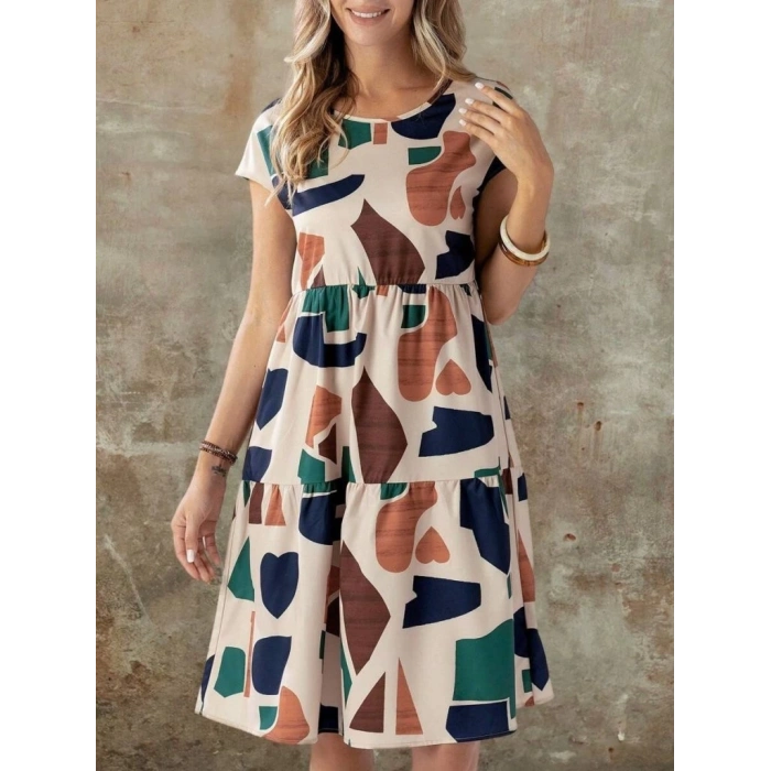 Kadın Kısa Kollu Bisiklet Yaka Desenli Fırfırlı Süprem Elbise