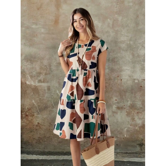 Kadın Kısa Kollu Bisiklet Yaka Desenli Fırfırlı Süprem Elbise